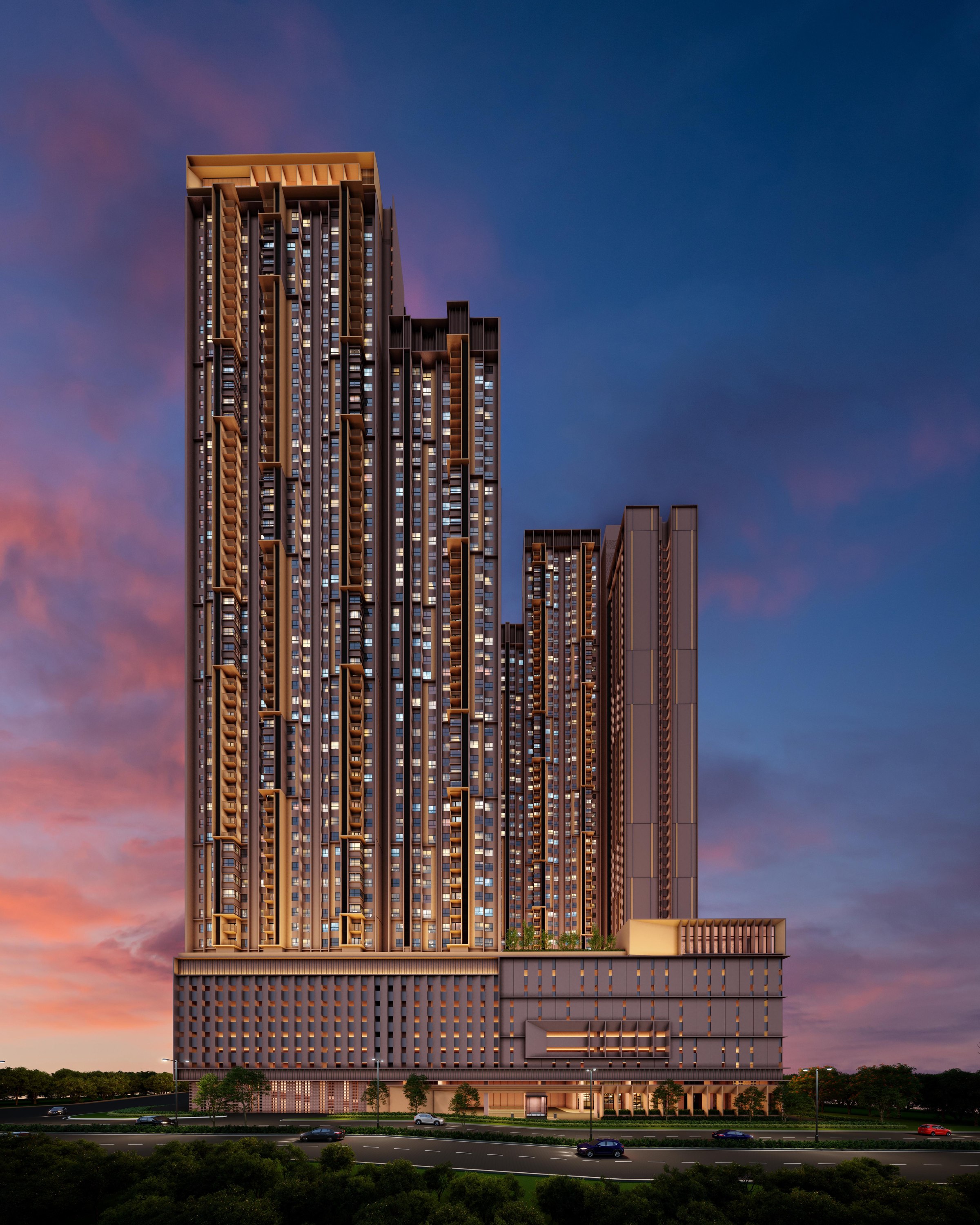 The Vividz @ Bukit Jalil — the two 57-storey towers at dusk above the podium
