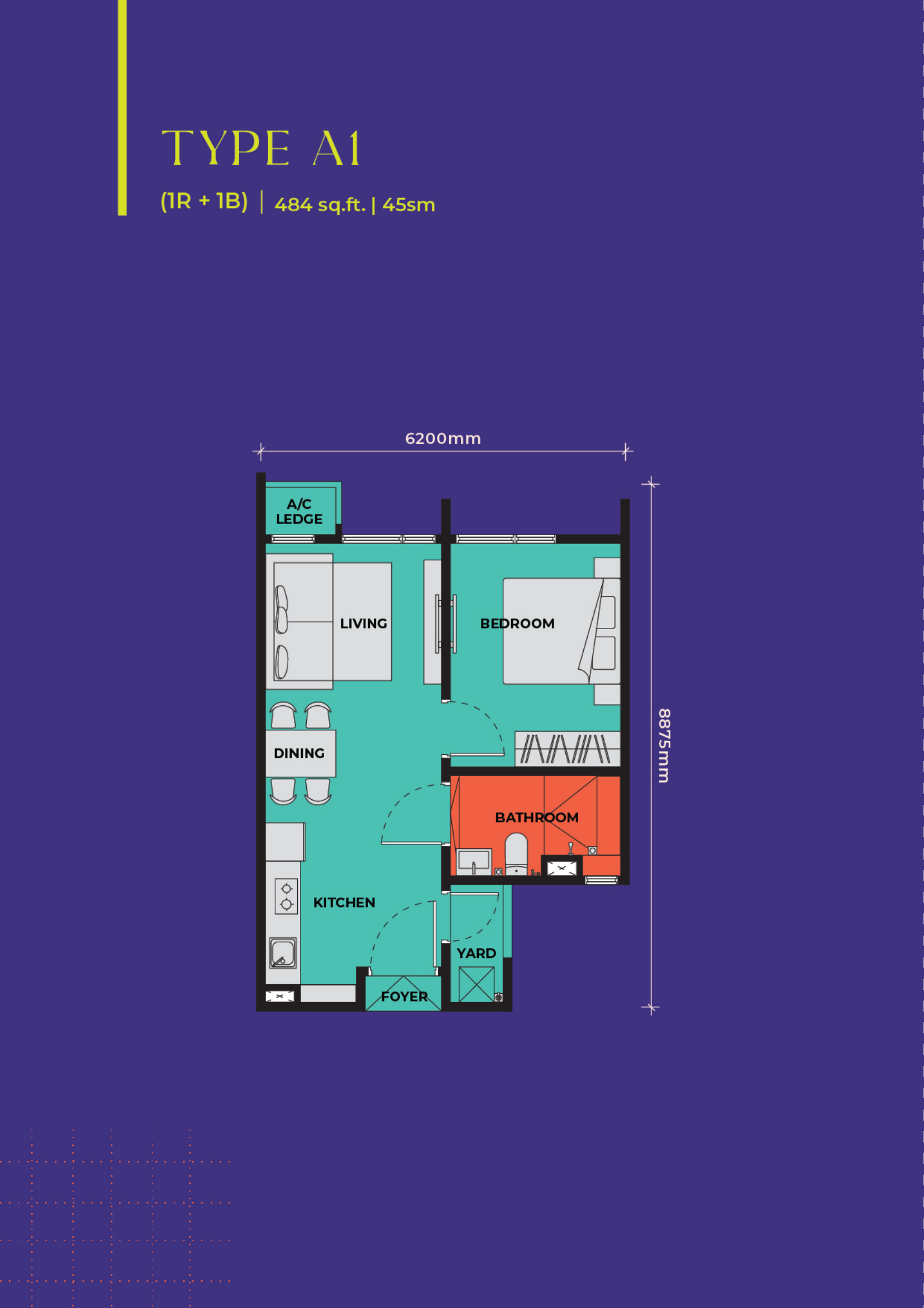 Type A1 floor plan at The Vividz — 484 sq.ft. / 45 sq.m., 1 Bedroom, 1 Bathroom