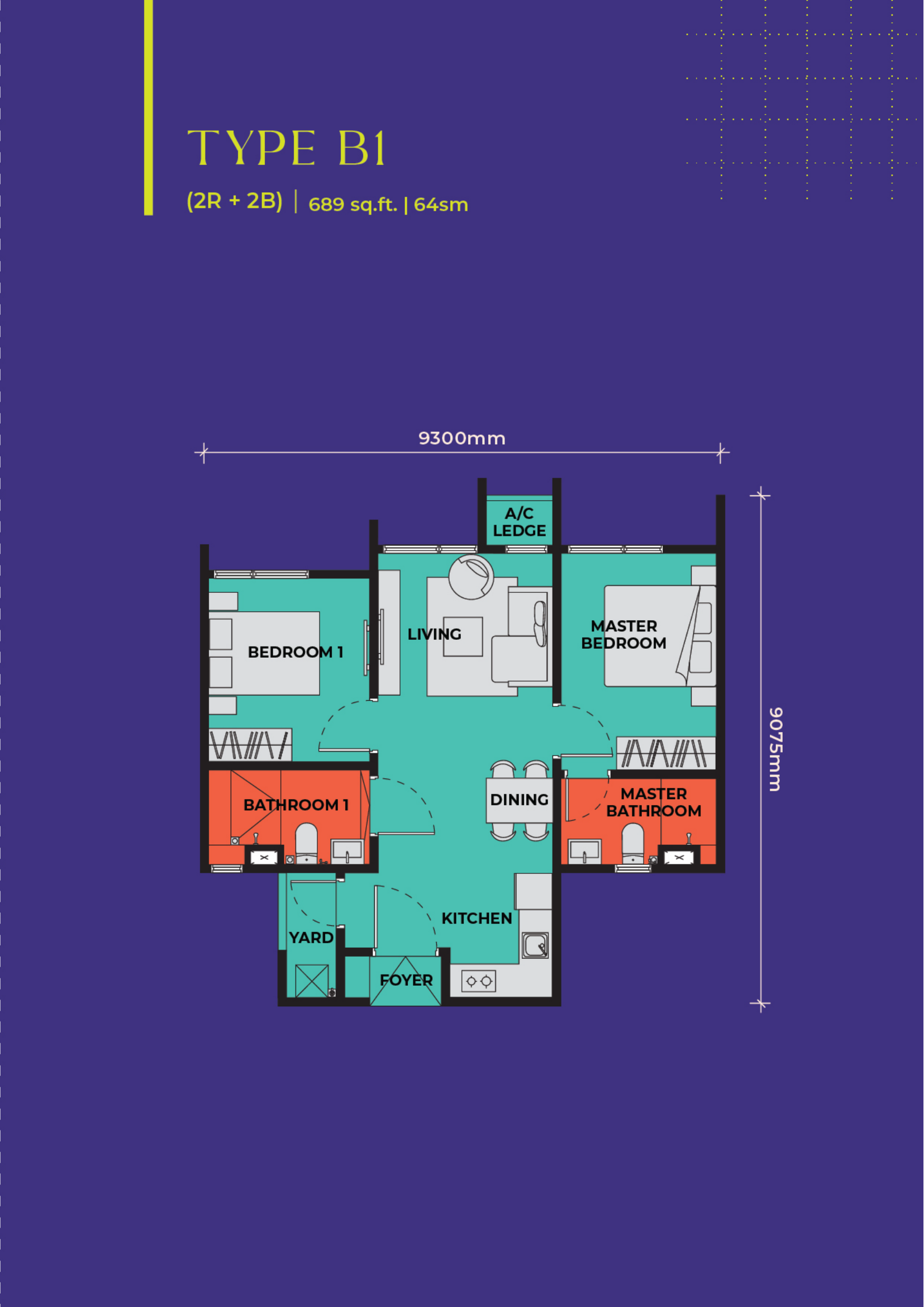 Type B1 floor plan at The Vividz — 689 sq.ft. / 64 sq.m., 2 Bedrooms, 2 Bathrooms