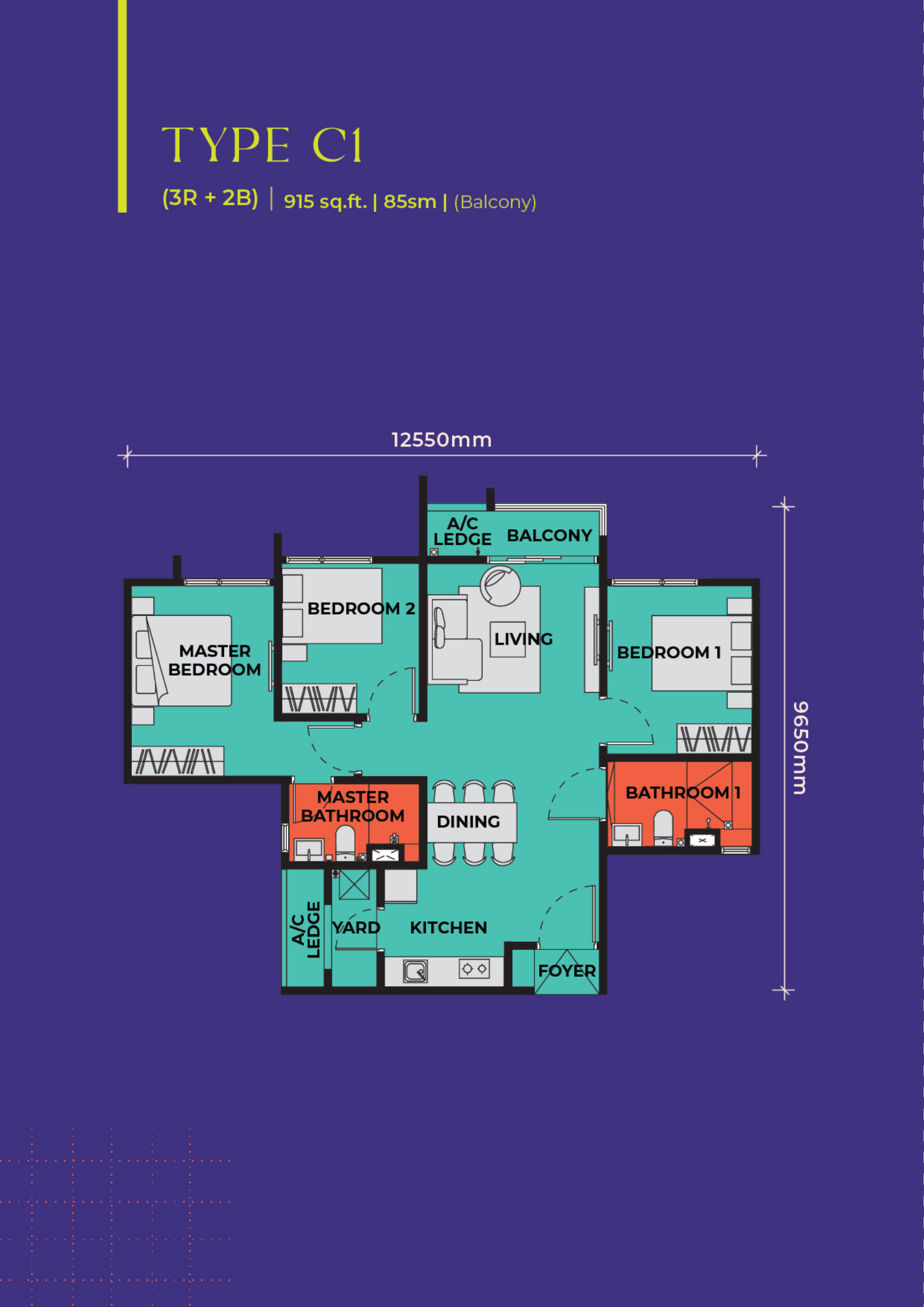Type C1 floor plan at The Vividz — 915 sq.ft. / 85 sq.m., 3 Bedrooms, 2 Bathrooms · with balcony