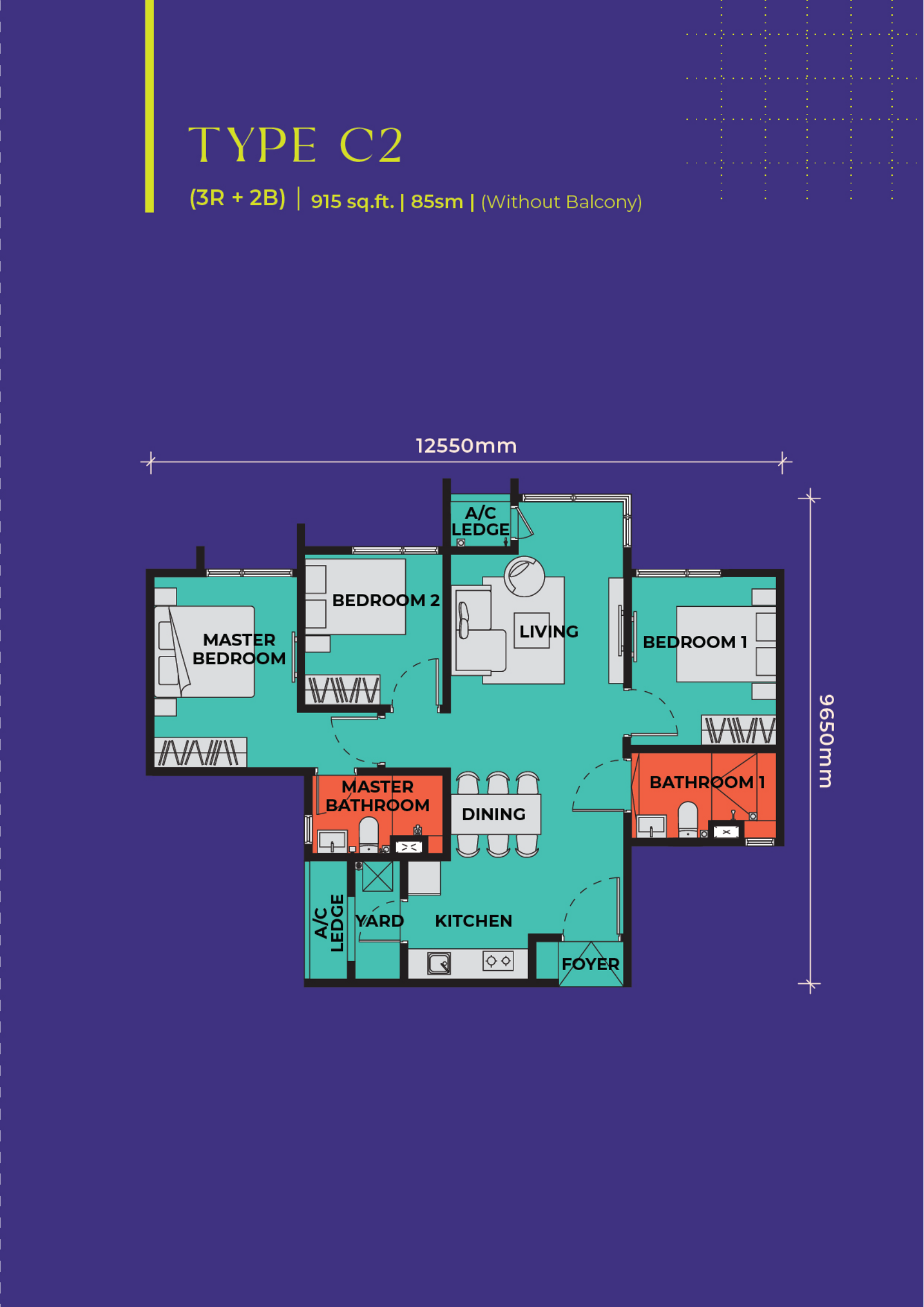 Type C2 floor plan at The Vividz — 915 sq.ft. / 85 sq.m., 3 Bedrooms, 2 Bathrooms · without balcony